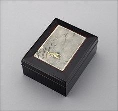 Box with plaque depicting a duck swimming past reeds, probably before 1908. Artist: Ikkoku Kajima.
