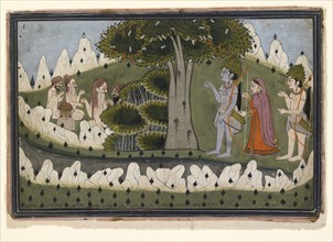 Rama, Sita, and Laksmana in a landscape with ascetics, c1830. Artist: Unknown.
