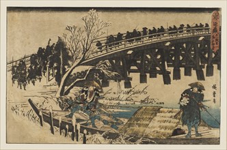 Woodblock print - Two men in a boat under a bridge, 1797-1858. Artist: Ando Hiroshige.