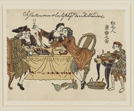 Woodblock print - Two Dutch gentlemen & their ladies making merry over a meal. Artist: Unknown.