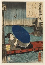 Woodblock print - The poetess Kikaku in a boat under a bridge during a shower of rain, 1845. Artist: Utagawa Kuniyoshi.