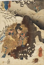 Woodblock print - Chinzei Hachiro Tametomo overthrowing a wild boar in the snowy mountains of Mashik Artist: Utagawa Kuniyoshi.