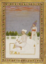Nobleman, possibly Mir Qasim, seated on a terrace with attendant, 18th century. Artist: Nidhama.