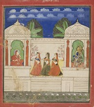 Krishna and Radha in two pavilions, 19th century. Artist: Unknown.