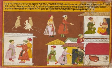 Servant protecting the house where a king lies dead, from a Pancha Tantra manuscript, mid-18th centu Artist: Unknown.