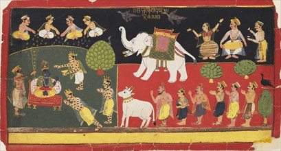 Krishna revered by Indra arriving on a white elephant, c1720. Artist: Unknown.