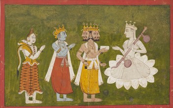 Devi revered by Brahma, Vishnu, and Shiva, c1710. Artist: Unknown.