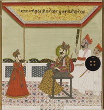 Surat Singh sits on a lion-armed throne and receives his young son, c1800. Artist: Unknown.