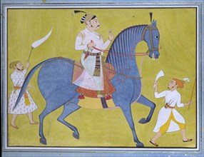Maharaja Pratap Singh of Sawar riding, with two attendants on foot, c1700. Artist: Unknown.