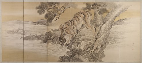 Six-fold screen depicting a drinking tiger, 1749-1838. Artist: Kishi Ganku.
