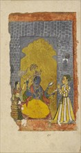 Vishnu enthroned with princely devotee standing before him, c1700-1725. Artist: Unknown.