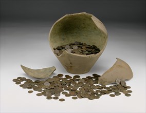 Complete local Roman imperial coin hoard with jar (The Chalgrove II Hoard), 3rd century.. Artist: Unknown.