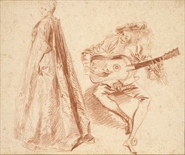Girl standing in profile to left, with a Man, playing q Guitar, early 18th century. Artist: Jean-Antoine Watteau.