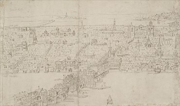 Panorama of London as seen from Southwark: London Bridge, 1554. Artist: Anthonis van den Wyngaerde.