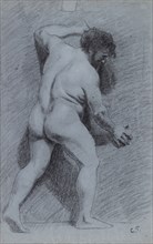 Study of a male nude posed against a wall seen in profile facing right, 1856-1860. Artist: Camille Pissarro.