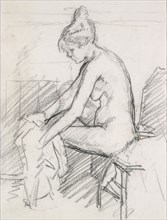 Study of a Nude Female, seated, drying her right Foot, early 20th century. Artist: Harold Gilman.