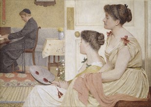 Drawing Room Scene with a young Priest at the Piano, late 19th century. Artist: Thomas Armstrong.