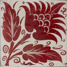 Tile with stylised flower with two leaves and tendrils, 1882-1888. Artist: William Frend De Morgan.