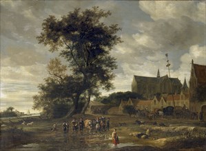 Scene before a Maypole with Alkmaar Church in the Background, 1669. Artist: Salomon Ruysdael.