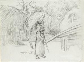 Study of a female peasant carrying a load of hay in the farmyard at Foucault, c1875. Artist: Camille Pissarro.