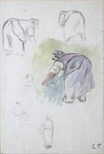 Sheet of studies: four studies of a female peasant bending, and two studies of a woman holding a bas Artist: Camille Pissarro.