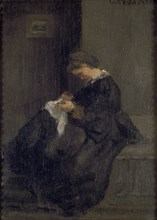 Mme Pissarro sewing, c1860. Dimensions: height x width x depth: 16 x 11 cm