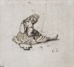 Study of a seated female figure sewing, 1852.  Artist: Camille Pissarro.