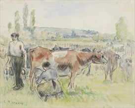 Compositional study of a milking scene at Eragny-sur-Epte, 1884. Artist: Camille Pissarro.