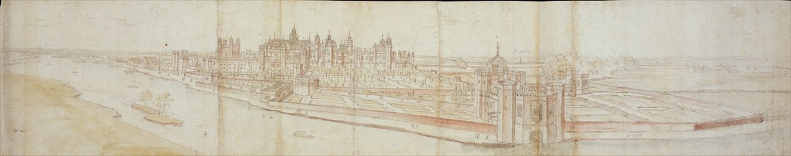 View of Hampton Court Palace from the South, with the River in the Foreground, 1558. Artist: Anthonis van den Wyngaerde.