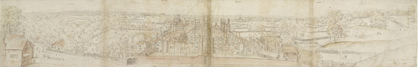 Oatlands Palace from the South, 1559. Verso: Richmond Palace and Roofs of Oatlands, 1559. Artist: Anthonis van den Wyngaerde.