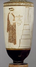 Attic white-ground lekythos showing a woman and youth at a tomb, 5th century BC. Artist: Achilles Painter.