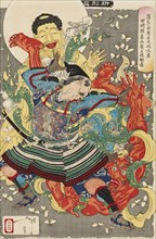 Gamo Sadahide?s Retainer, Toki Motosada, Hurling a Demon King to the Ground, c1890. Artist: Tsukioka Yoshitoshi.