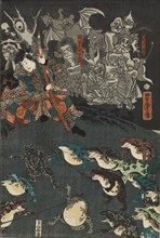 Nikushi the Frog Spirit Conjures up a Magical Battle of Frogs at Tateyama in Etchu Province, 1864. Artist: Utagawa Yoshitora.
