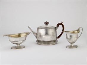 Teapot and Stand and jug, 1795; Sugar Bowl, 1794. Artist: Michael Plummer.