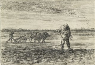 Man ploughing and another sowing, 1849-1852. Artist: Jean Francois Millet.