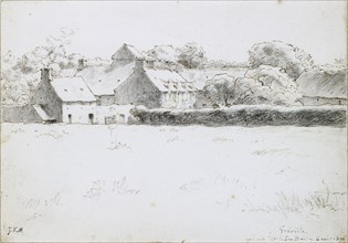 View of farm buildings across a field, 6 August 1871. Artist: Jean Francois Millet.