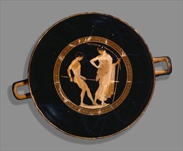 Attic red-figure cup of boy athlete and trainer, 480 BC. Artist: Antiphon Painter.