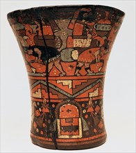 Kero or ceremonial vessel with agricultural scenes in painted wood, 1500-1700, part of the Incan ?