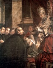 Saint Ignatius receiving from Pope Paul III the bull of the founding of the Society of Jesus.
