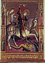 Altarpiece of Saint George. Central panel, the hand of God blesses the Saint protecting him, at t?
