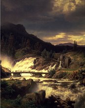 Landscape with waterfall in Norway', oil on canvas by Erik Bodom.
