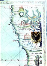 Map of the Pacific coast along the present nations of Ecuador and Peru, with villages of Quito, C?