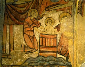 'Bathing the Baby Jesus in a wooden bowl', scene inspired by the apocryphal gospels. Detail of m?