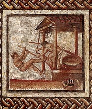 'Pressing olives for oil extraction', Roman mosaic.