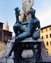 Fountain of Neptune in the Piazza della Signoria in Florence, detail of bronze figures surroundin?