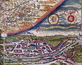 'Theatrum Orbis Terrarum' by Abraham Ortelius, Antwerp, 1574, map of Salzburg and view of the city.