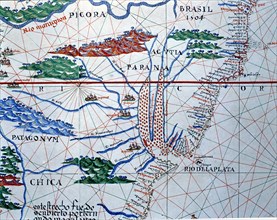 Atlas of Joan Martines, Messina, 1582. Portulan chart of South America. Atlantic Coast up to the ?