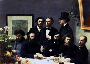 'Around the table'. P.Verlaine, A.Rimbud, L.Valade, E. d'Hervilly, C.Pelletan, E.Bonnier, E.Blém?