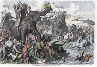 Greeks with elephants fighting against Dacians and Sarmatians, engraving 1865.