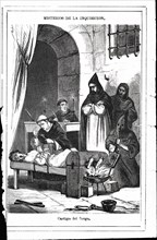 Dungeons of the Inquisition, scene of confession by torture of fire in the feet, engraving, 1880.